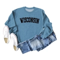 Detail of blue Wisconsin letter print sweatshirt with round neck and soft cotton fabric - S / Blue (Black Font)