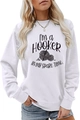 Detail of white cotton sweatshirt featuring humorous crochet typography and yarn ball print - S / White