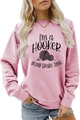 Close-up of pink crewneck sweatshirt with 'I'm a HOOKER' slogan and crochet graphics - S / Pink