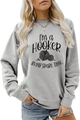 Detail of grey sweatshirt showing I'M a Hooker in My Spare Time slogan and crochet graphics - S / Gray