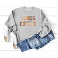 Flat lay of gray Books and Coffee sweatshirt styled with jeans on a white wood background - S / Gray