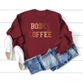 Flat lay of burgundy Books and Coffee sweatshirt with blue jeans and white sneakers - S / Burgundy