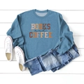 Flat lay of Books and Coffee sweatshirt on white wood with jeans and sneakers - S / Blue