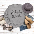 Flat lay of Whiskey Weather sweatshirt with autumn accessories on white wood background - Grey Sweatshirt (Black Font)