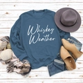 Navy sweatshirt with Whiskey Weather print styled with autumn accessories on wood background - Blue Sweatshirt (White Font)
