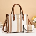 Minimalist canvas tote bag with brown stripes and matching wallet set for women - Off White