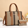 Striped tote bag and coin purse set with brown leather straps for elegant commuting - Khaki