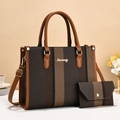 Striped tote bag and wallet set in brown leather and high-density jacquard fabric - Coffee