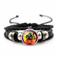 Detail of woven leather Halloween bracelet featuring a witch cat and glowing pumpkin charm - Witch Cat Pumpkin(JY002576-8)