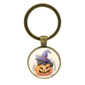 Close-up of Halloween keychain with a black cat on a pumpkin and Happy Halloween text - Black Cat Witch Hat And Pumpkin Style (JY002553-5)