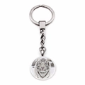 Detailed close-up of a silver keychain featuring a realistic white tiger glass cabochon - Realistic Front White Tiger Portrait (JY002879-1)