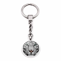 Detailed view of silver tiger keychain with clear glass gemstone pendant on white background - Side Majestic White Tiger Portrait (JY002879-2)