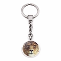 Macro detail of silver metal keychain featuring a creative lion head glass dome pendant - Majestic male Lion Portrait (JY002879-3)