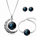 Retro silver moon jewelry set including necklace and earrings with Aquarius zodiac glass charm - Aquarius (XHTZ0186)