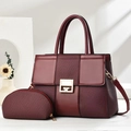 Elegant burgundy leather patchwork tote bag and coin purse with golden buckle - Burgundy