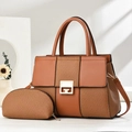 Brown woven leather handbag with H-buckle and matching coin purse on white background - Earthy Yellow