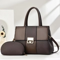 Close-up of chocolate brown leather tote with golden G-buckle and woven textures - Coffee