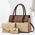 Set di tre borse retrò con trama in paglia beige e dettagli in pelle marrone - Kaki