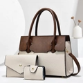 Set tre pezzi di borsa tote retrò marrone e beige con borsa a tracolla e porta carte - Bianco avorio