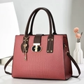 Roze handtas met krokodillenpatroon, bruine rand, metalen slot en sleutel hanger - Roze