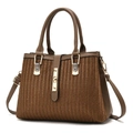 Brown woven tote bag with V-pattern metallic finish and adjustable leather shoulder strap - Dark Khaki