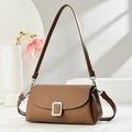 Chic brown woven shoulder bag for women with silver buckle on a minimalist stone base - Brown