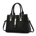 Minimalist black tote bag with lychee leather and herringbone fabric contrast design - Black