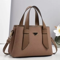 Contrast woven tote bag in dark brown with faux leather handles and metal triangle badge - Khaki