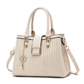 Beige woven straw and faux leather handbag with golden buckle and pearl charm detail - Off White