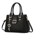 Black woven leather tote bag with gold metal hardware and detachable shoulder strap - Black
