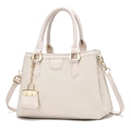Chic beige woven texture handbag with top handles and adjustable crossbody strap - Off White