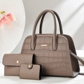 Deep taupe faux crocodile leather handbag set with three pieces and gold accents - Three-Piece Set / Gray
