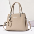 Detalle de la textura de grano de lichi beige y herrajes metálicos del bolso de mano - Caqui Claro