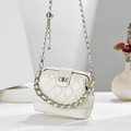 Chic cream white quilted shell bag with silver rotary lock and metal chain strap - Small / Off White