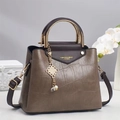 Brown crocodile texture handbag with gold metal handle and long shoulder strap - Gray