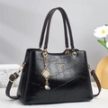 Elegant black crocodile texture tote bag with golden hardware and long shoulder strap - Black