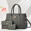 Three-piece grey handbag set featuring crocodile texture tote with golden ring logo - Gray
