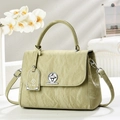 Close-up of olive green wrinkled leather handbag with silver twist lock and FAK tag - Green
