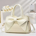 Cream white woven texture handbag with large bow decoration and gold chain strap - Off-white
