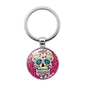 Zuckerschädel Glas Schlüsselanhänger mit bunten mexikanischen Totenkopf Motiven - Silber