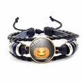Halloween devil pumpkin charm bracelet with black multi-layer braided leather straps - Classic Pumpkin Lantern Style (JY002585-3)