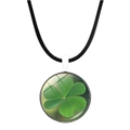 Macro view of four-leaf clover pendant with clear glass cabochon and black cord necklace - Shamrock Illustration Style (JY003245-3)