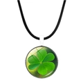 Detail of silver clover pendant with green glass stone on black leather cord - Dark Green Vintage Style (JY003245-4)