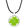 Detailed close-up of clover glass pendant necklace with silver metal frame on black cord - Bright Lucky Style (JY003245-5)