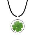 Detail of silver clover pendant with green four-leaf motif and black cord necklace - Light Forest Style (JY003245-6)