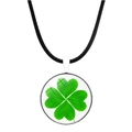 Detailed view of lucky green four-leaf clover pendant with round glass on black cord - Transparent Patch Style (JY003245-7)