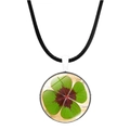 Close-up of silver clover pendant with glass cabochon on black leather cord necklace - Artistic Texture Style (JY003245-8)