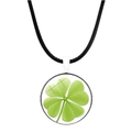 Detail of silver clover pendant with green glass stone and black cord necklace - Simple Sealed Style (JY003245-9)