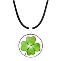 Macro detail of silver clover pendant with green glass dome on black cord necklace - Hand-drawn Illustration Style (JY003245-10)