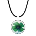 Silver four-leaf clover pendant necklace with green glass charm and black cord strap - Classic Glass Patch (JY003245-11)